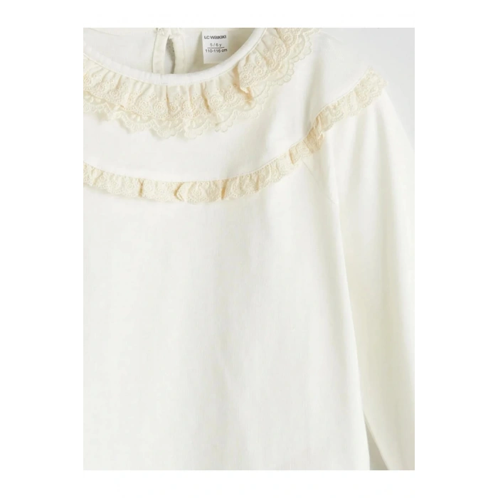 LCW Kids Bej Bisiklet Yaka Nakışlı Kız Çocuk Tişört