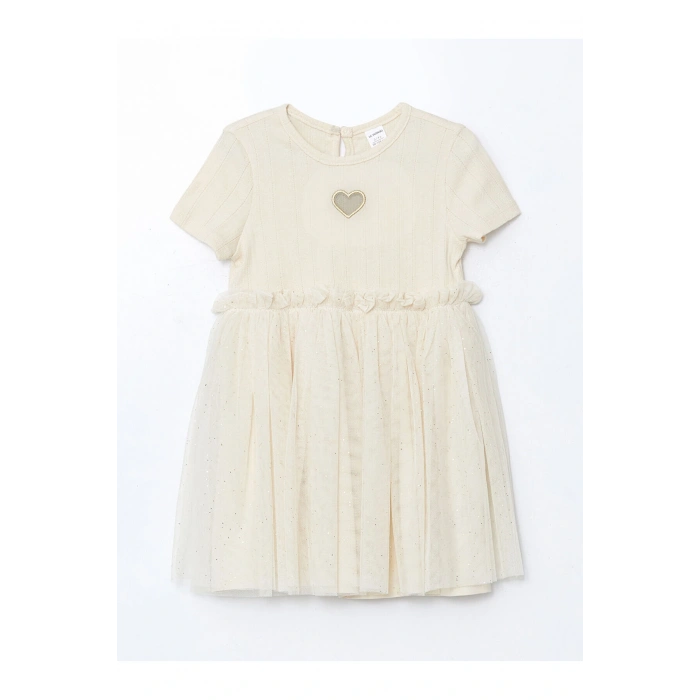 LCW Kids Bej Nakışlı Penye Tüllü Kız Çocuk Elbise