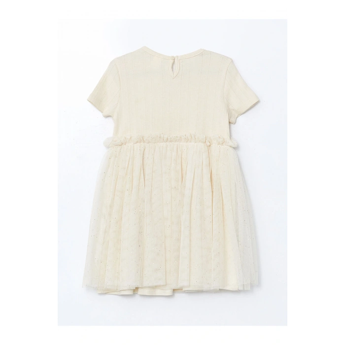 LCW Kids Bej Nakışlı Penye Tüllü Kız Çocuk Elbise