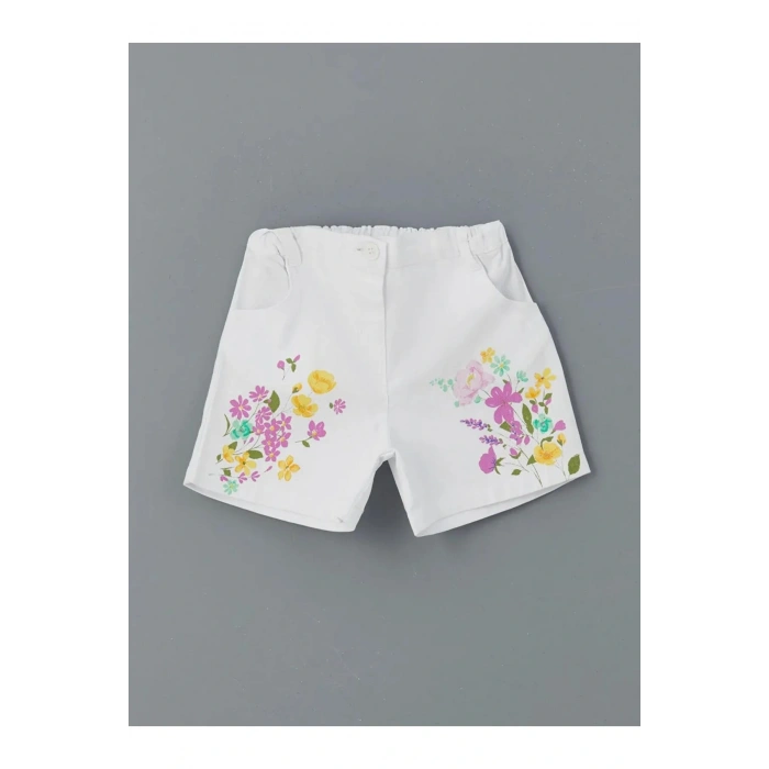 LCW Kids Beyaz Beli Lastikli Çiçekli Kız Çocuk Şort
