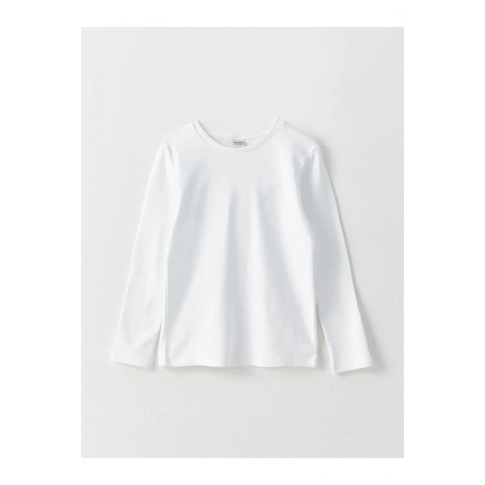 LCW Kids Beyaz Bisiklet Yaka Basic Uzun Kollu Pamuklu Erkek Çocuk Tişört