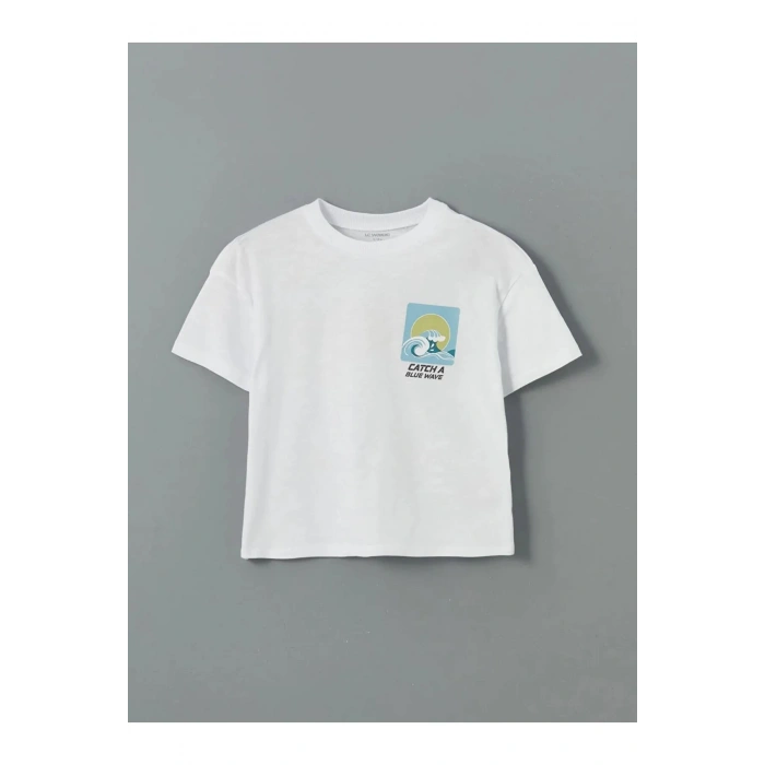 LCW Kids Beyaz Bisiklet Yaka Baskılı Erkek Çocuk Tişört