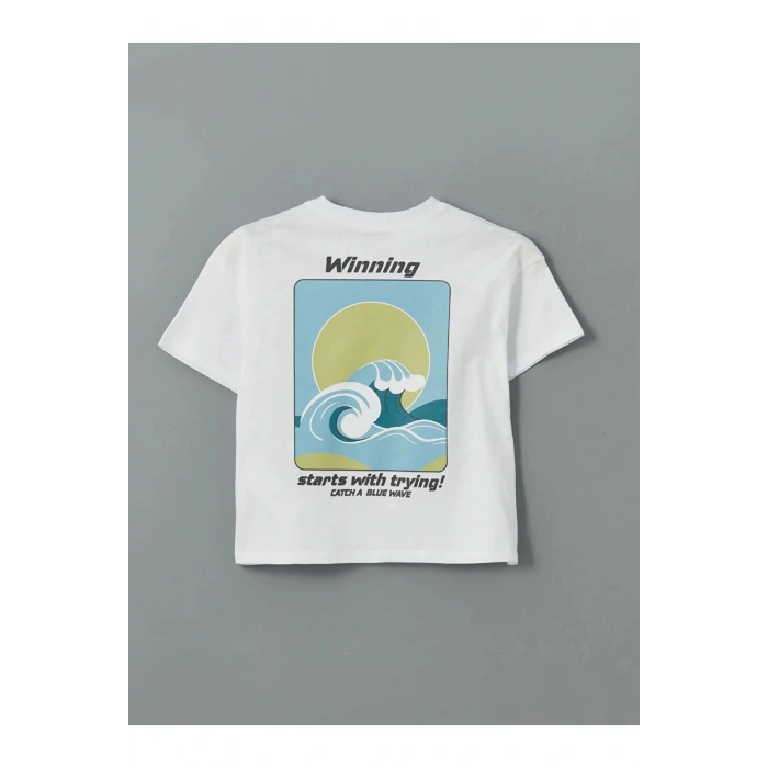 LCW Kids Beyaz Bisiklet Yaka Baskılı Erkek Çocuk Tişört