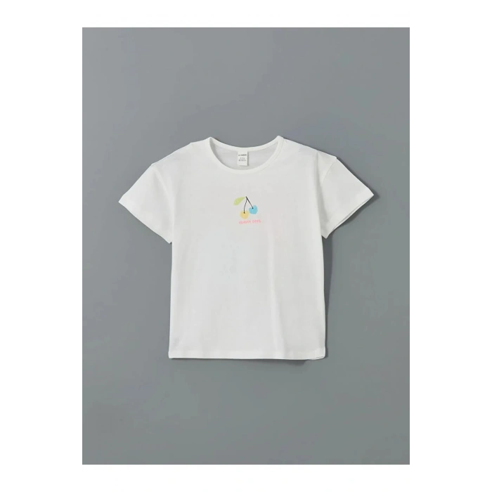 LCW Kids Beyaz Bisiklet Yaka Baskılı Penye Kız Çocuk Tişört