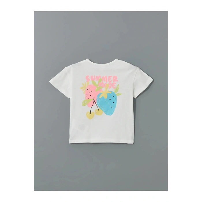 LCW Kids Beyaz Bisiklet Yaka Baskılı Penye Kız Çocuk Tişört