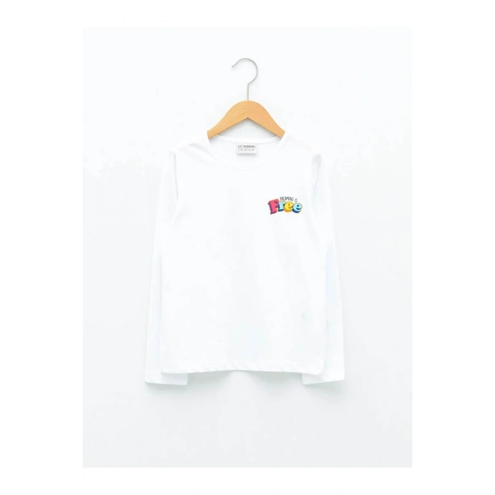LCW Kids Beyaz Bisiklet Yaka Baskılı Uzun Kollu Kız Çocuk Tişört