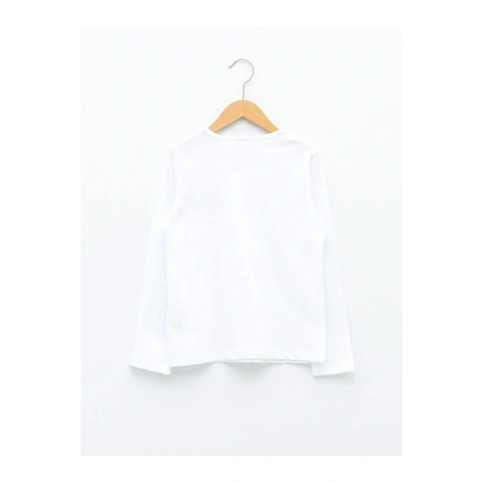 LCW Kids Beyaz Bisiklet Yaka Baskılı Uzun Kollu Kız Çocuk Tişört