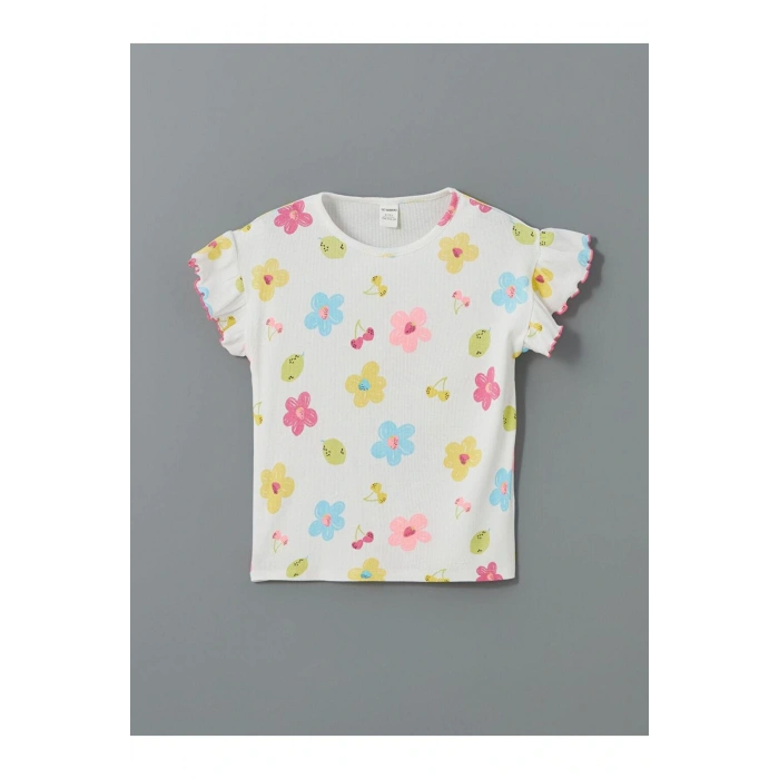 LCW Kids Beyaz Bisiklet Yaka Çiçekli Kız Çocuk Tişört