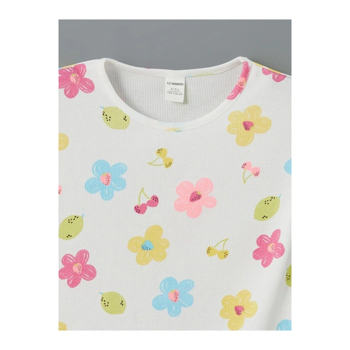 LCW Kids Beyaz Bisiklet Yaka Çiçekli Kız Çocuk Tişört
