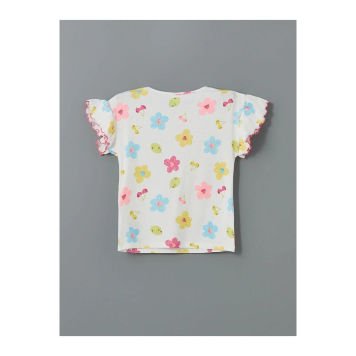 LCW Kids Beyaz Bisiklet Yaka Çiçekli Kız Çocuk Tişört