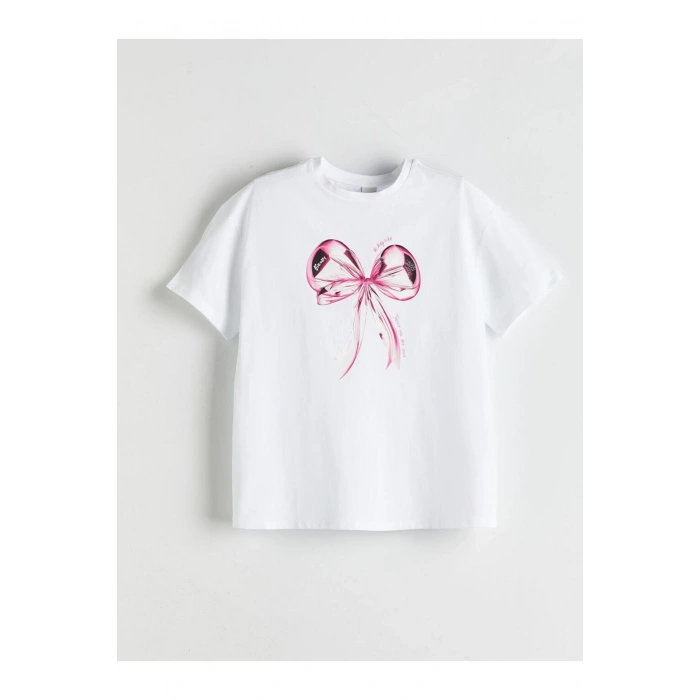 LCW Kids Beyaz Bisiklet Yaka Fiyonk Baskılı Kız Çocuk Tişört