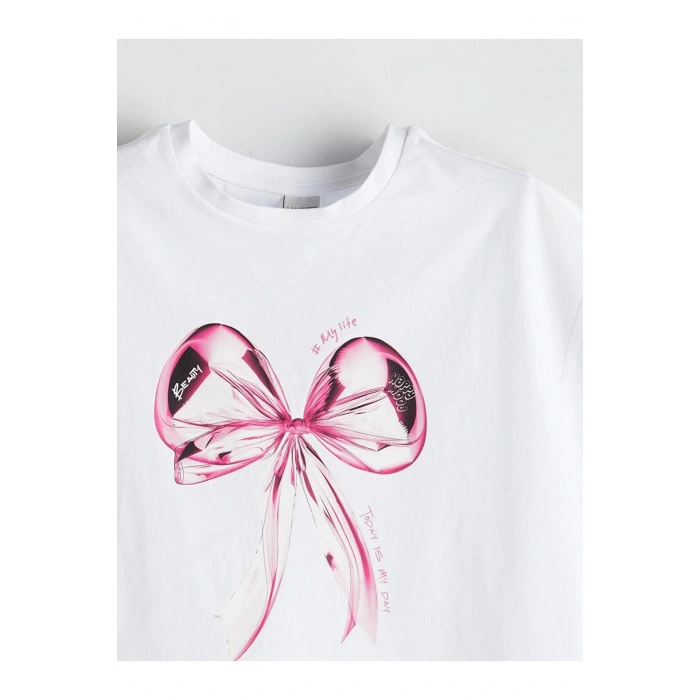 LCW Kids Beyaz Bisiklet Yaka Fiyonk Baskılı Kız Çocuk Tişört