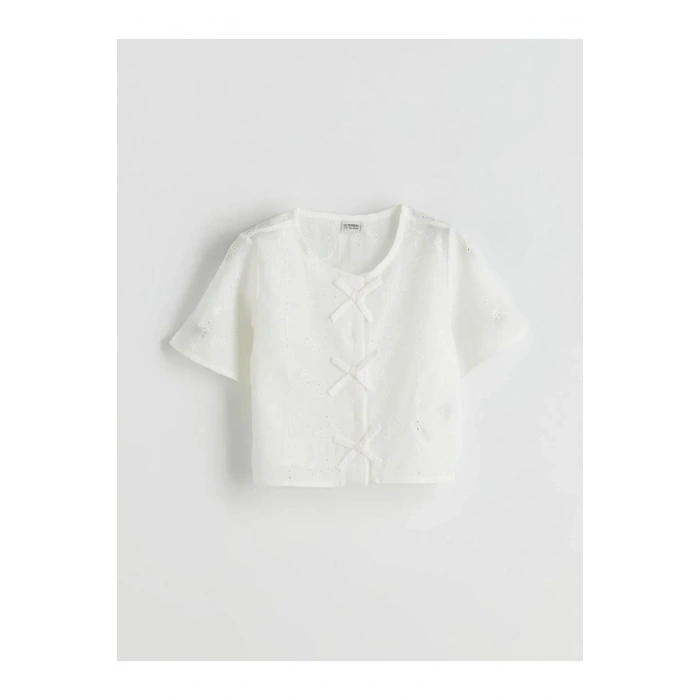 LCW Kids Beyaz Bisiklet Yaka Fiyonk Detaylı Kız Çocuk Gömlek