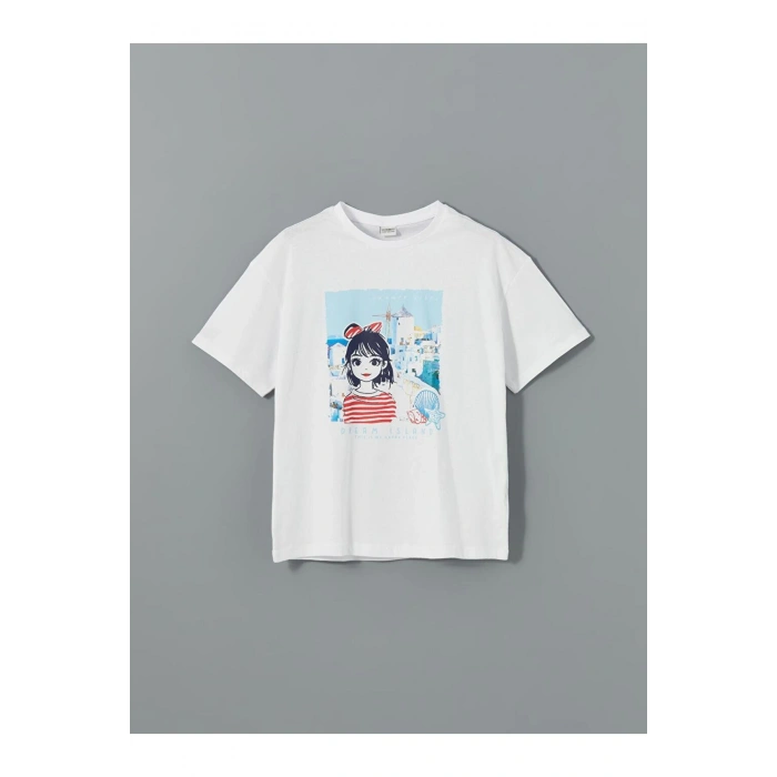 LCW Kids Beyaz Bisiklet Yaka Kız Çocuk Tişört