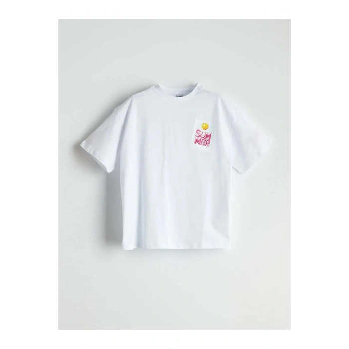 LCW Kids Beyaz Bisiklet Yaka Kız Çocuk Tişört