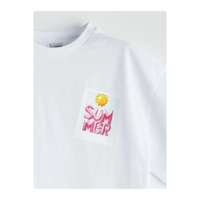 LCW Kids Beyaz Bisiklet Yaka Kız Çocuk Tişört