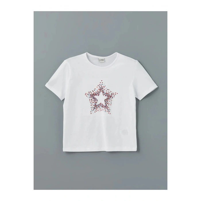 LCW Kids Beyaz Bisiklet Yaka Pul İşlemeli Kız Çocuk Tişört