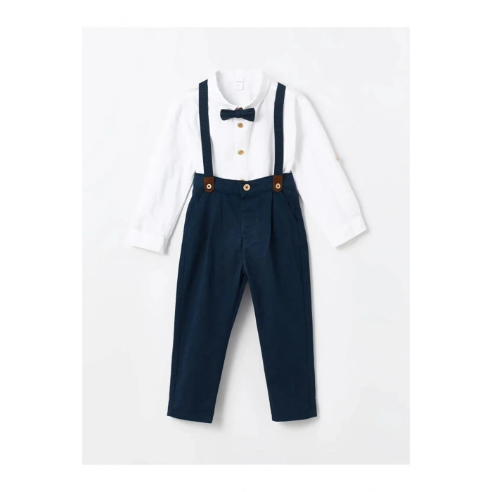 LCW Kids Beyaz Bisiklet Yaka Uzun Kollu Basic Erkek Bebek Gömlek ve Pantolon 2li Takım