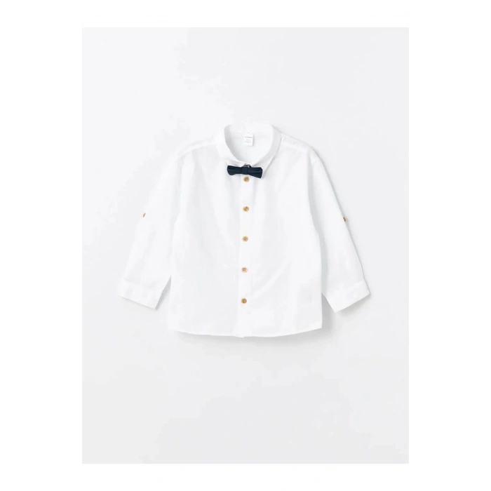 LCW Kids Beyaz Bisiklet Yaka Uzun Kollu Basic Erkek Bebek Gömlek ve Pantolon 2li Takım