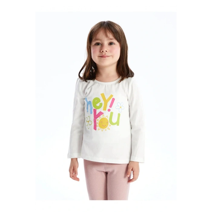 LCW Kids Beyaz Bisiklet Yaka Uzun Kollu Baskılı Kız Bebek Tişört ve Tayt 2li
