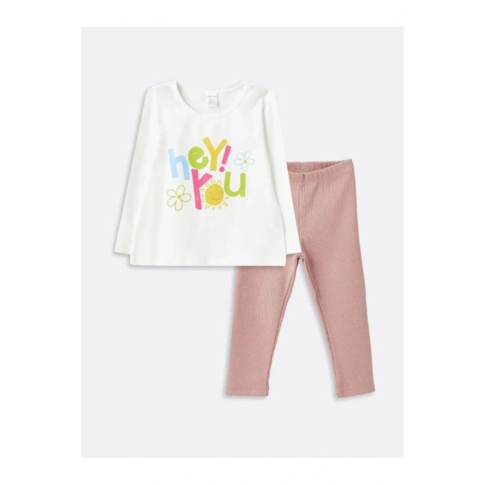 LCW Kids Beyaz Bisiklet Yaka Uzun Kollu Baskılı Kız Bebek Tişört ve Tayt 2li