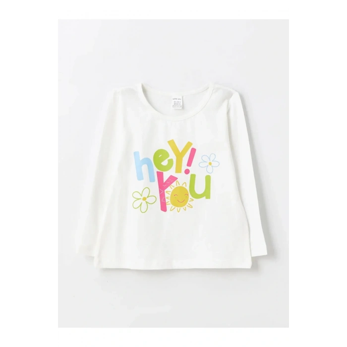 LCW Kids Beyaz Bisiklet Yaka Uzun Kollu Baskılı Kız Bebek Tişört ve Tayt 2li