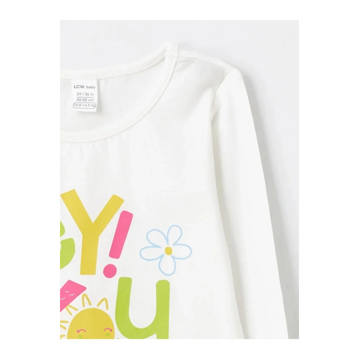 LCW Kids Beyaz Bisiklet Yaka Uzun Kollu Baskılı Kız Bebek Tişört ve Tayt 2li