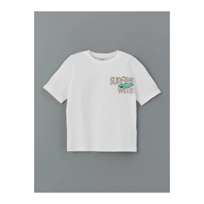 LCW Kids Beyaz Bisiklet Yaka Yazı Baskılı Erkek Çocuk Tişört