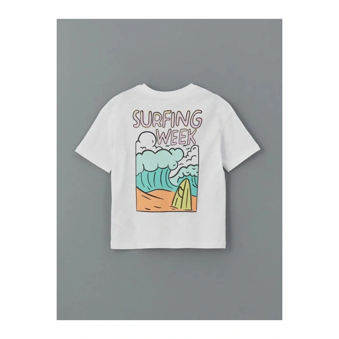 LCW Kids Beyaz Bisiklet Yaka Yazı Baskılı Erkek Çocuk Tişört