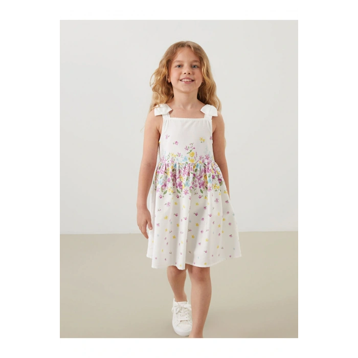 LCW Kids Beyaz Kare Yaka Çiçekli Saten Kız Çocuk Elbise S5GH10Z1NVY25