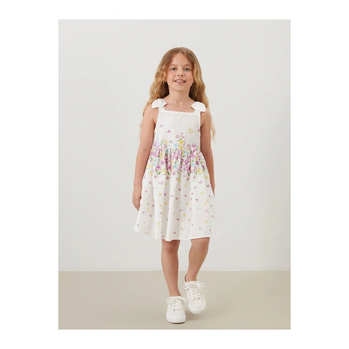 LCW Kids Beyaz Kare Yaka Çiçekli Saten Kız Çocuk Elbise S5GH10Z1NVY25
