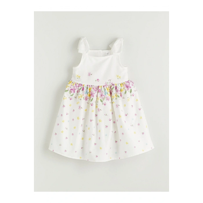 LCW Kids Beyaz Kare Yaka Çiçekli Saten Kız Çocuk Elbise S5GH10Z1NVY25