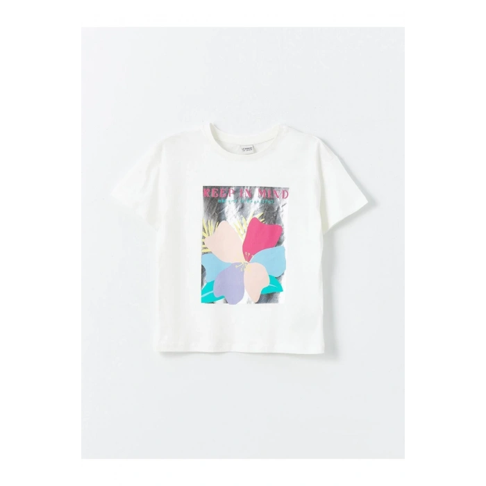 LCW Kids Bisiklet Yaka Baskılı Kısa Kollu Kız Çocuk Tişört