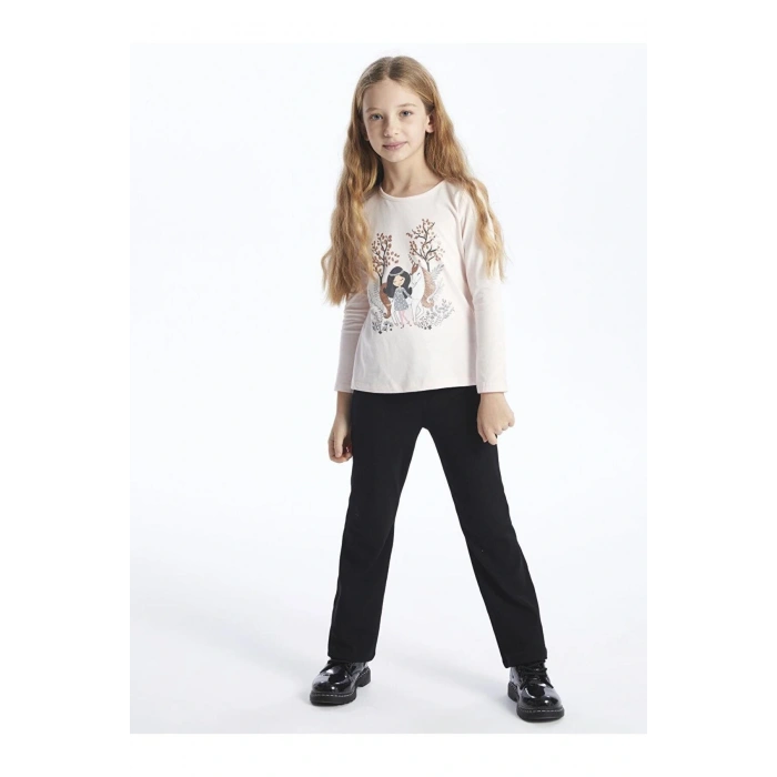 LCW Kids Bisiklet Yaka Baskılı Uzun Kollu Kız Çocuk Tişört