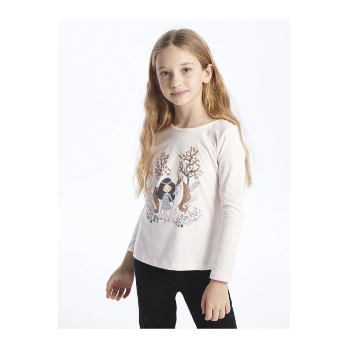 LCW Kids Bisiklet Yaka Baskılı Uzun Kollu Kız Çocuk Tişört
