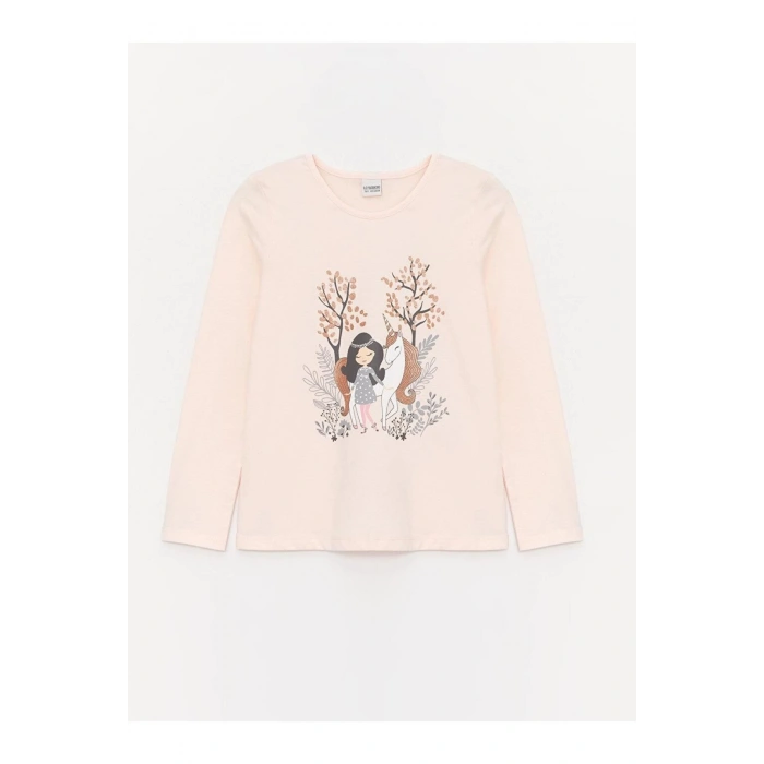 LCW Kids Bisiklet Yaka Baskılı Uzun Kollu Kız Çocuk Tişört