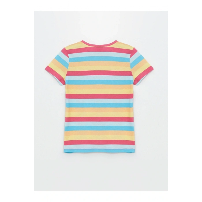 LCW Kids Bisiklet Yaka Çizgili Kısa Kollu Kız Çocuk Tişört