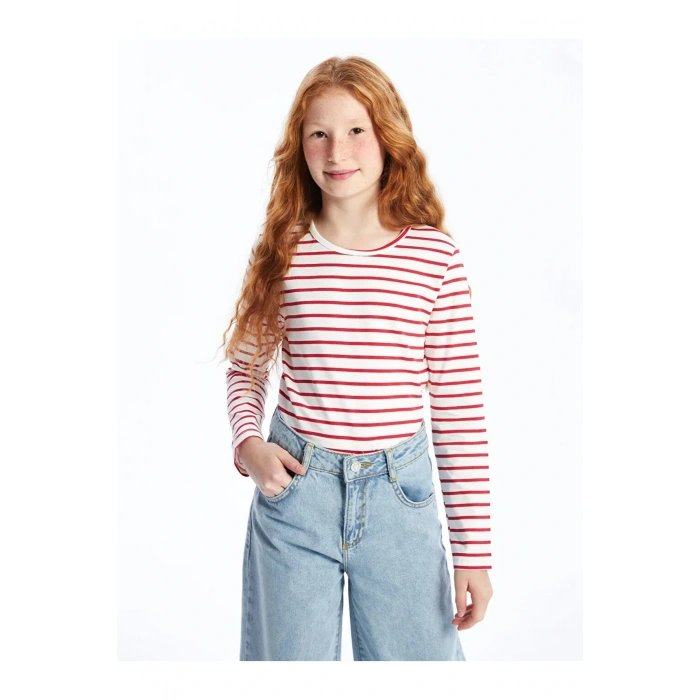 LCW Kids Bisiklet Yaka Çizgili Uzun Kollu Kız Çocuk Tişört (W4)