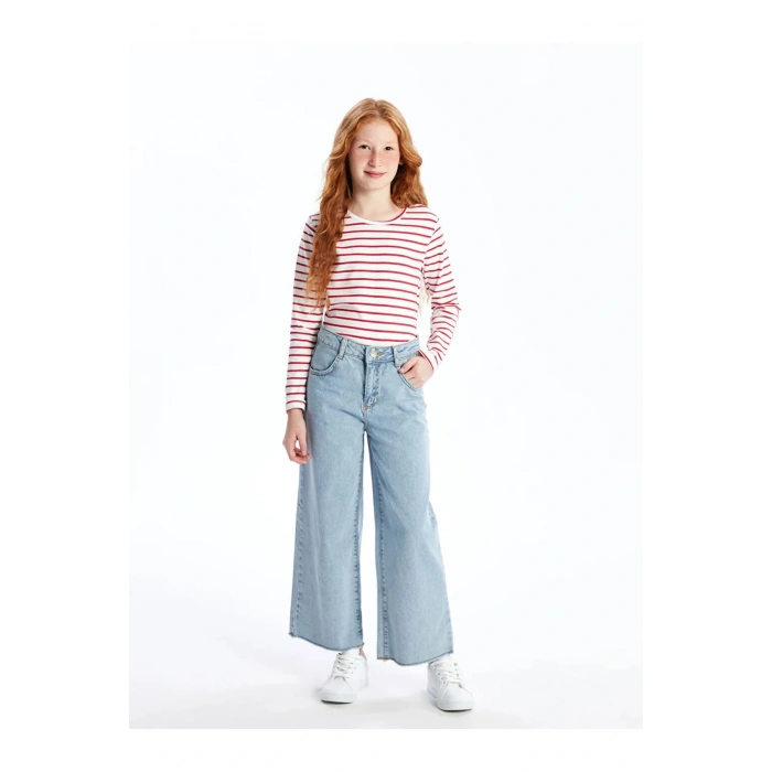 LCW Kids Bisiklet Yaka Çizgili Uzun Kollu Kız Çocuk Tişört (W4)