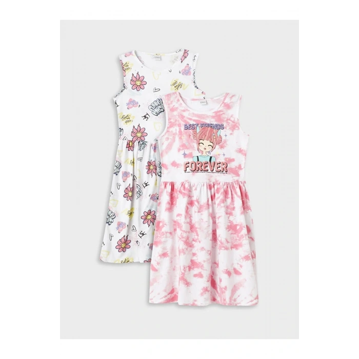 LCW Kids Bisiklet Yaka Desenli Kız Çocuk Elbise 2li