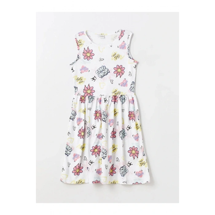 LCW Kids Bisiklet Yaka Desenli Kız Çocuk Elbise 2li