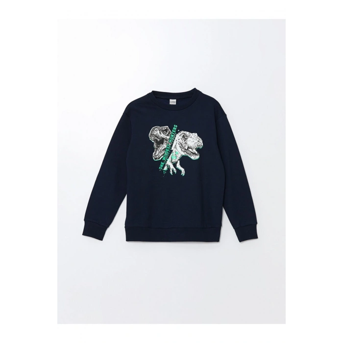 LCW Kids Bisiklet Yaka Dinozor Baskılı Erkek Çocuk Kalın Sweatshirt