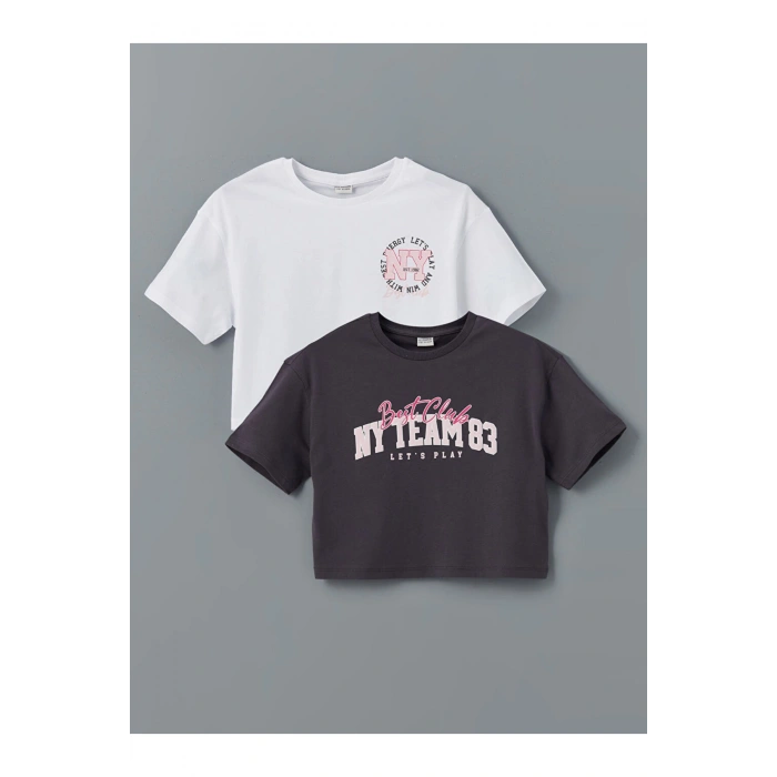 LCW Kids Bisiklet Yaka Kız Çocuk Crop Tişört 2li