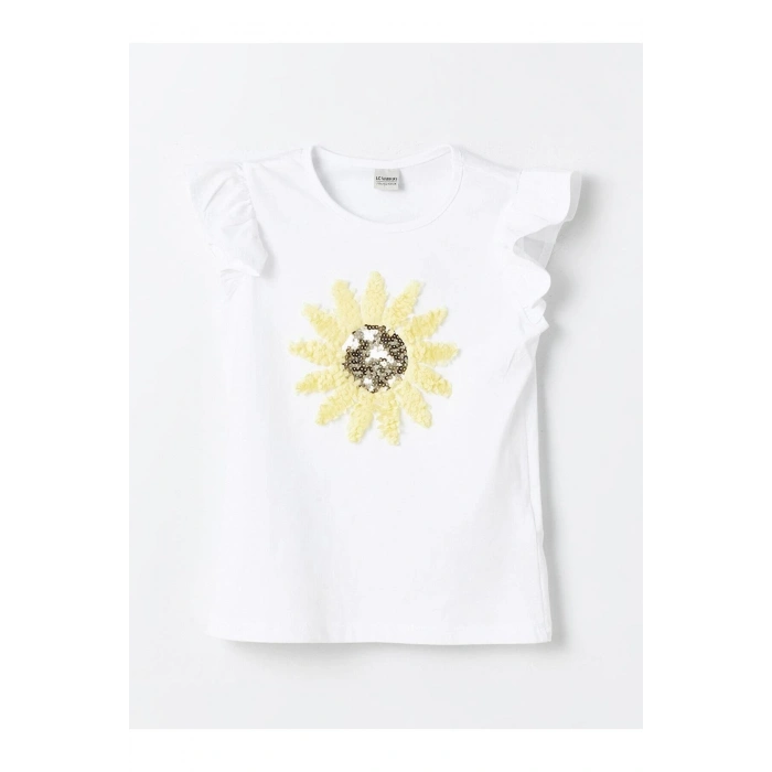 LCW Kids Bisiklet Yaka Nakışlı Kısa Kollu Kız Çocuk Tişört