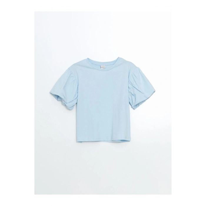 LCW Kids Bisiklet Yaka Taşlı Kız Çocuk Crop Tişört