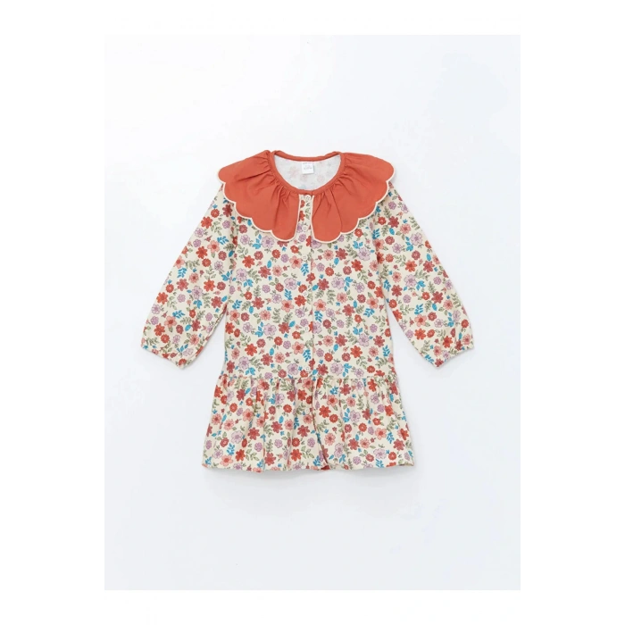 LCW Kids Bordo Baskılı Bebe Yaka Uzun Kollu Çiçekli Kız Çocuk Elbise