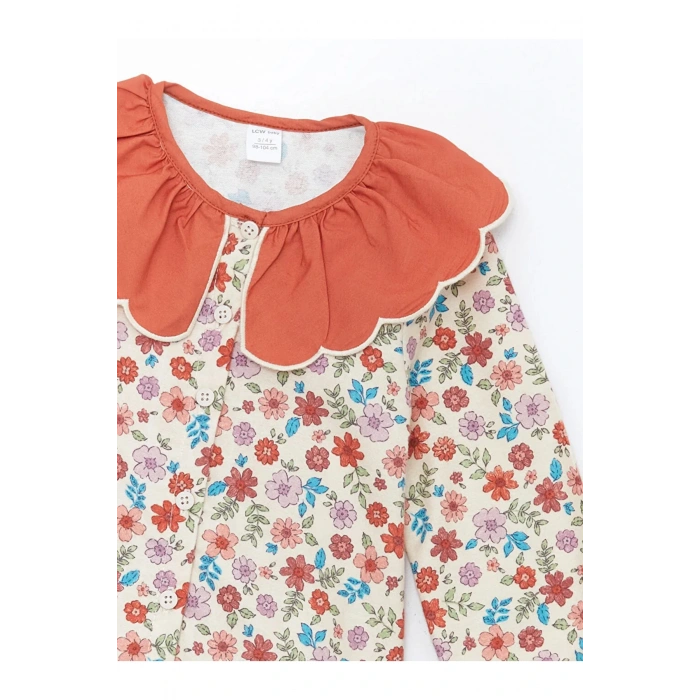 LCW Kids Bordo Baskılı Bebe Yaka Uzun Kollu Çiçekli Kız Çocuk Elbise