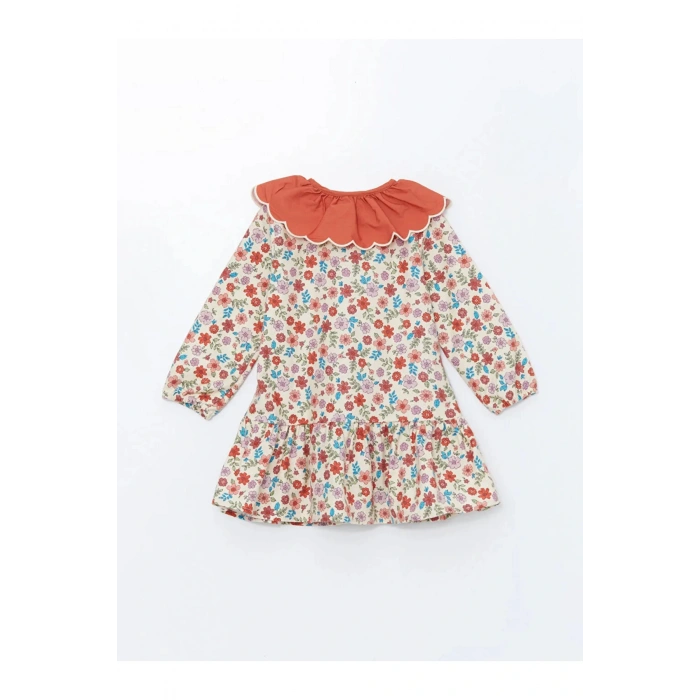 LCW Kids Bordo Baskılı Bebe Yaka Uzun Kollu Çiçekli Kız Çocuk Elbise