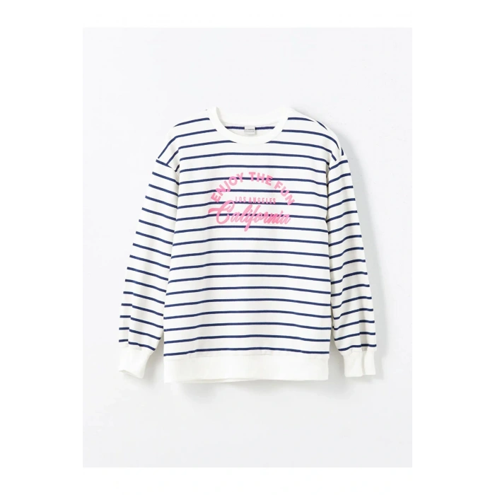 LCW Kids Ekru Baskılı Bisiklet Yaka Kız Çocuk Sweatshirt