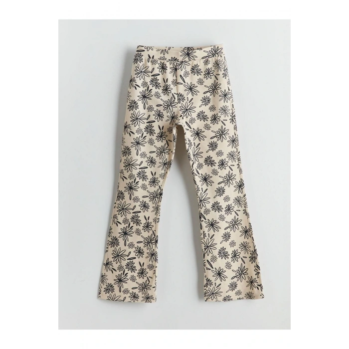 LCW Kids Ekru Beli Lastikli Çiçekli İspanyol Paça Kız Çocuk Tayt